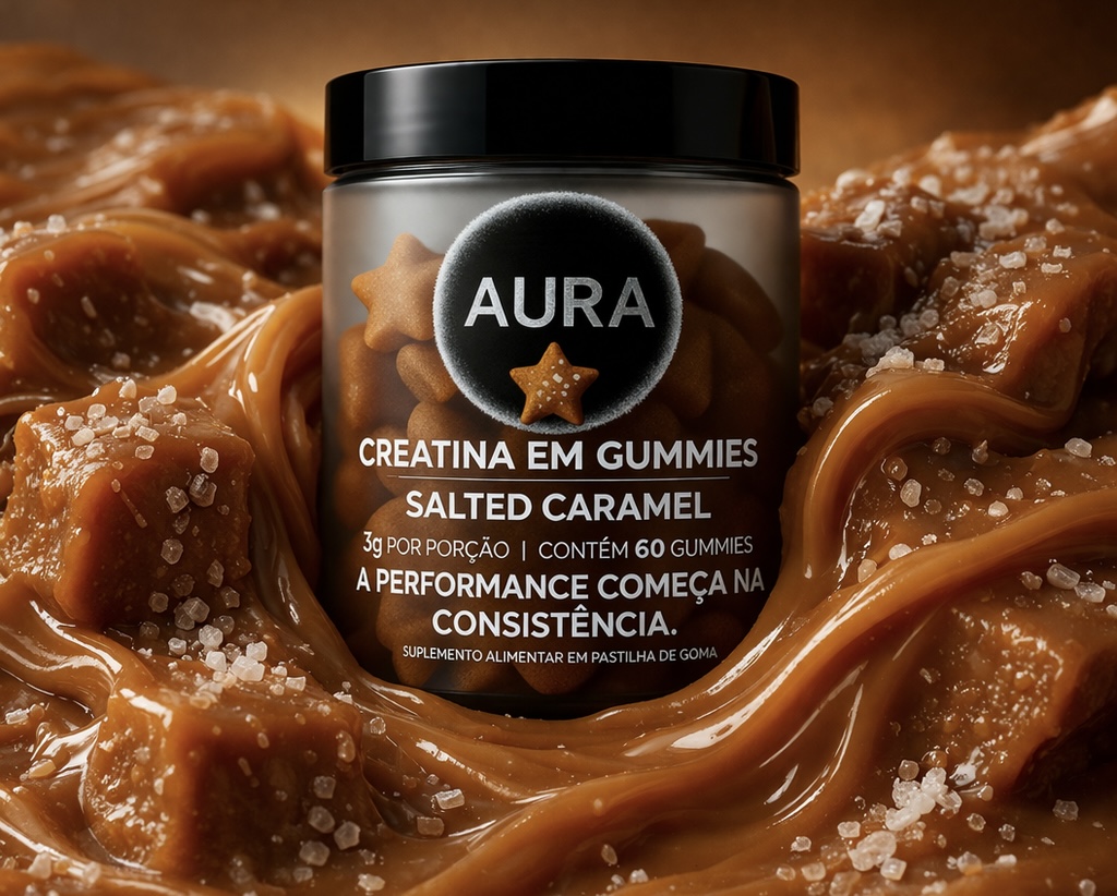 Pote de AURA, creatina em gummies sabor salted caramel, com gummies em formato de estrela.